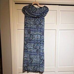Blue Patterned Strapless Maxi Dress